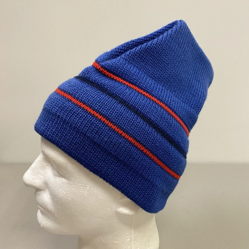 Vintage Smiley Ski Beanie 100% Wool Blue Striped‎ Knit Hat Lycra Headband USA